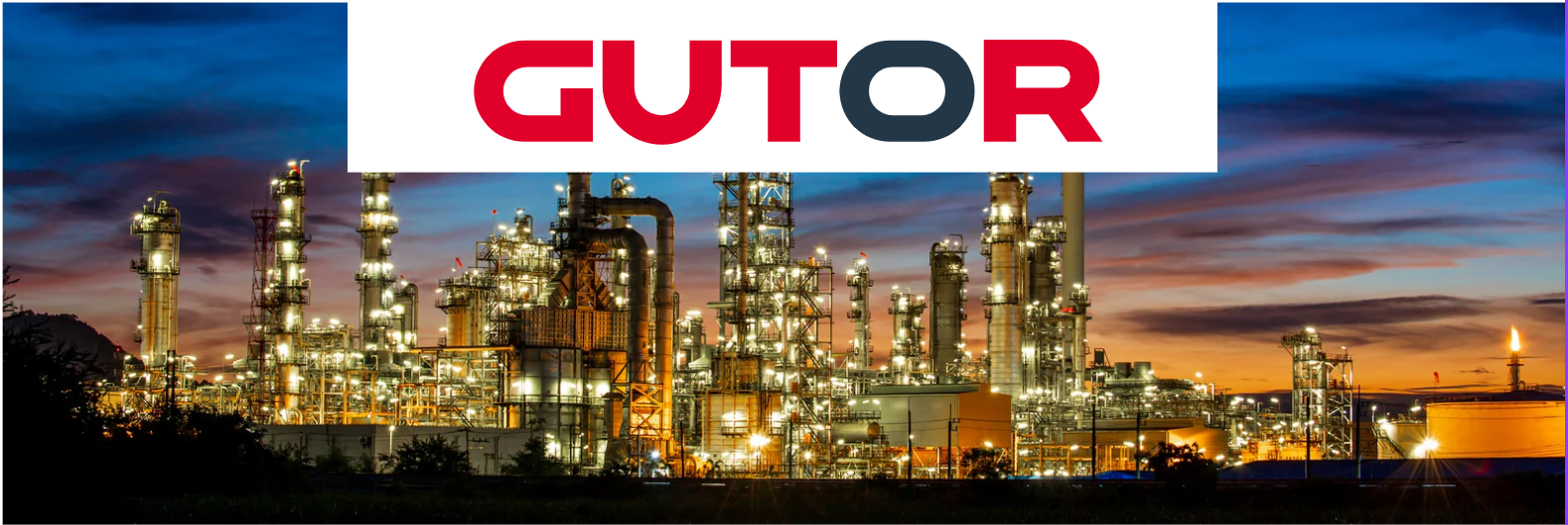 Gutor logo over a power-intensive industrial facility, highlighting energy solutions for mission-critical sites