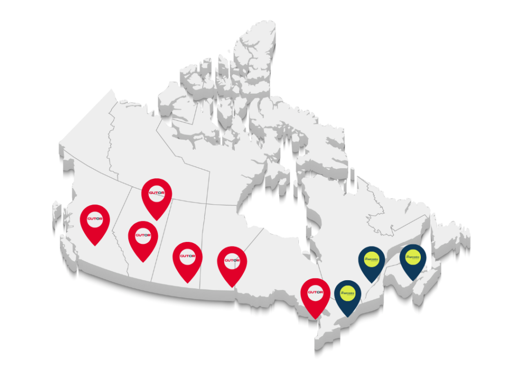 Map of Canada marking Gutor and Raptronics service areas, showcasing regional power solutions coverage.